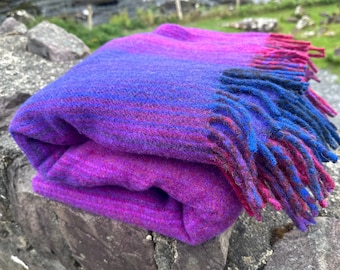 Luxurious Heavy Teasel-Finished 100% Pure New Irish Wool Blanket – Vibrant Multicolor Stripes – Mulesing-Free, Handmade in Ireland – 60"x78"