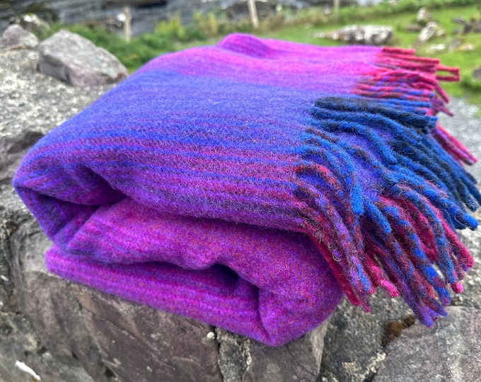 Luxurious Heavy Teasel-Finished 100% Pure New Irish Wool Blanket – Vibrant Multicolor Stripes – Mulesing-Free, Handmade in Ireland – 60"x78"