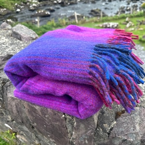Luxurious Heavy Teasel-Finished 100% Pure New Irish Wool Blanket – Vibrant Multicolor Stripes – Mulesing-Free, Handmade in Ireland – 60"x78"