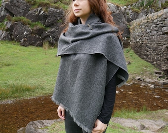 Grey & Black Herringbone Wool Shawl with Pin, Irish Tweed Wrap, Handmade in Kerry