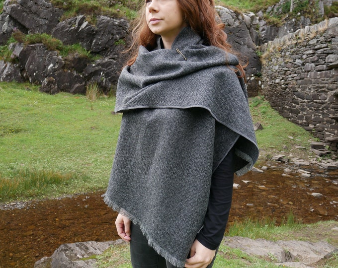 Grey & Black Herringbone Wool Shawl with Pin, Irish Tweed Wrap, Handmade in Kerry