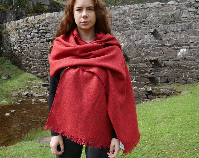 Red Wool Shawl with Pin, Lightweight Woven Wrap, Handmade in Ireland