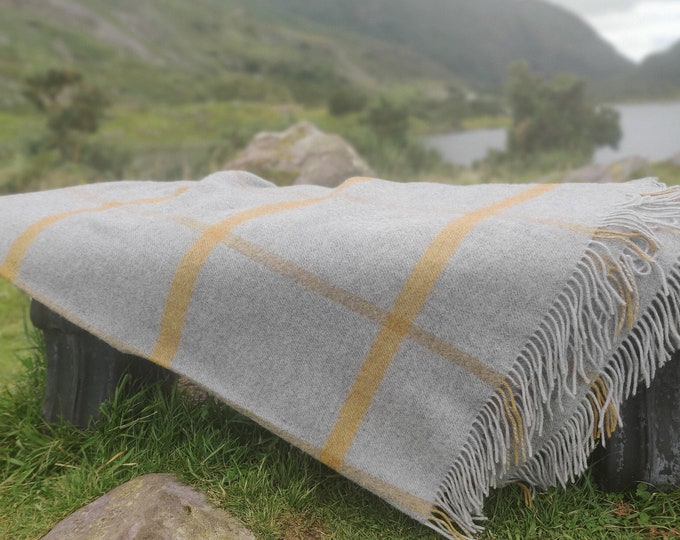 Merino Supersoft Lambswool Blanket / Throw - Grey Mustard Check - 150 x 200cm (60 x 78'') - 100% Pure New Merino Lambswool - MADE IN IRELAND