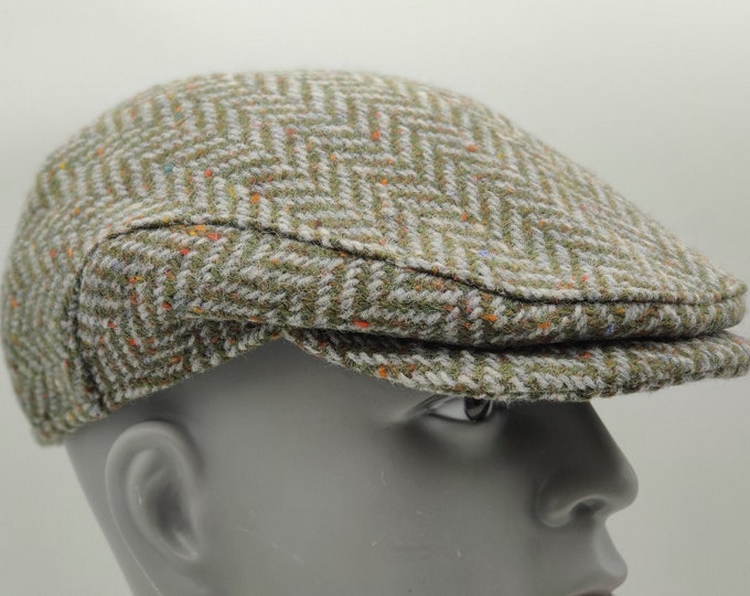 Traditional Irish Donegal Tweed Flat Cap - Paddy Cap - Speckled / Fleck Green Herringbone - 100% Pure New Wool -padded - HANDMADE IN IRELAND