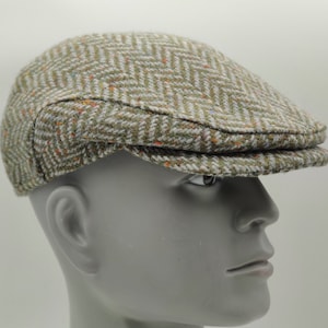 Traditional Irish Donegal Tweed Flat Cap - Paddy Cap - Speckled / Fleck Green Herringbone - 100% Pure New Wool -padded - HANDMADE IN IRELAND