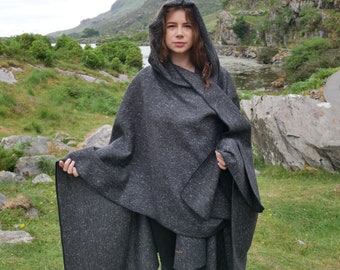 Irish Donegal Tweed Wool Hooded Ruana, Cape - Charcoal/Grey Salt & Pepper - Speckled -100% Pure New Wool - heavy tweed - HANDMADE IN IRELAND