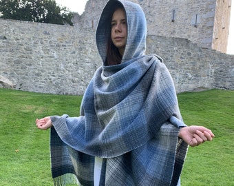 Hooded Irish Pure Lambswool Cape, Ruana, Wrap , Shawl - 100% Pure New Wool - Grey Denim Check - Supersoft - HANDMADE IN IRELAND