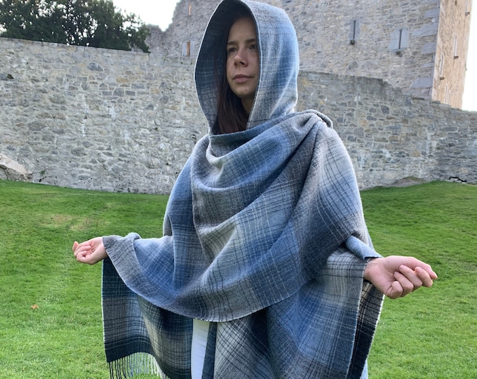 Hooded Irish Pure Lambswool Cape, Ruana, Wrap , Shawl - 100% Pure New Wool - Grey Denim Check - Supersoft - HANDMADE IN IRELAND