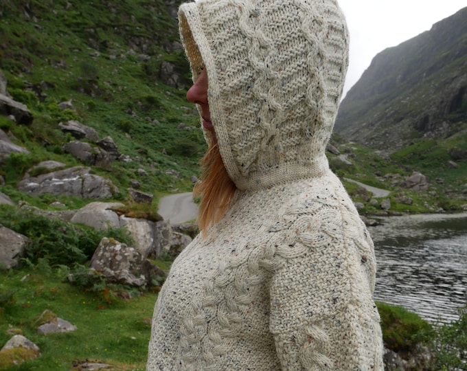 Hooded Aran Zipper Cardigan - Cream Nep / With Fleck - 100% Pure New Wool - Chunky & Heavy - MADE IN IRELAND