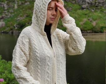 Irish Aran Long Hooded Cardigan With Pockets - Cream - 100% Pure New Wool - Really Warm & Chunky - Proper Aran - MADE IN IRELAND