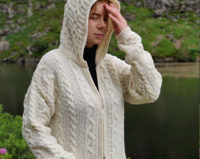 Irish Aran Long Hooded Cardigan With Pockets - Cream - 100% Pure New Wool - Really Warm & Chunky - Proper Aran - MADE IN IRELAND