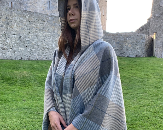 Hooded Supersoft Lambswool Cape, Ruana, Wrap , Shawl - 100% Pure New Wool - Cream Taupe Denim Check -One Size Fits All - HANDMADE IN IRELAND