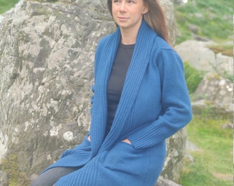 Rib Edge Knitted Long Ladies Jacket with Pockets - 100% Pure New Soft Lambswool - Teal - really warm & chunky - HANDMADE IN IRELAND