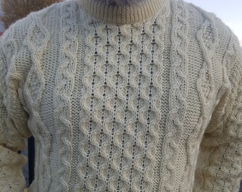 Traditional Aran Sweater - 100% Pure New Wool - Cream - Chunky & Heavy - Proper Classic Irish sweater - MADE IN IRELAND