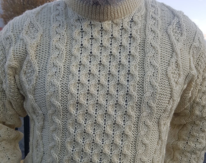 Traditional Aran Sweater - 100% Pure New Wool - Cream - Chunky & Heavy - Proper Irish sweater - MADE IN IRELAND - ready for shipping