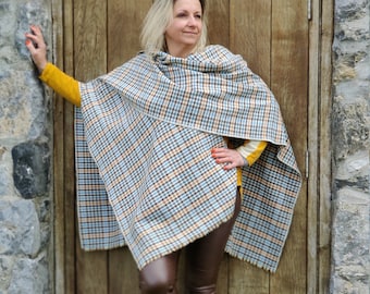 Burette Silk Summer/Spring Ruana Wrap - Cream Teal Brown White Orange Blue Houndstooth Check -Perfect For Sensitive Skin-HANDMADE IN IRELAND