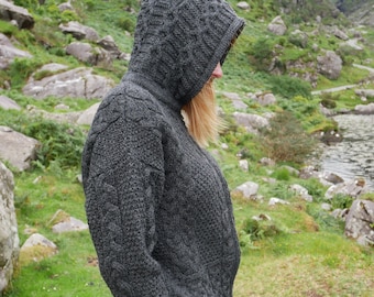 Hooded Aran Zipper Cardigan - Charcoal - 100% Pure New Wool - Chunky & Heavy - MADE IN IRELAND