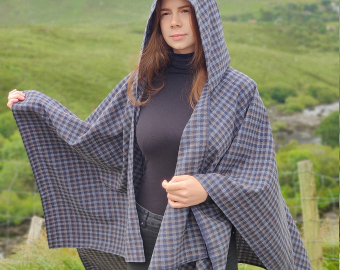 Irish lambswool hooded ruana wrap, cape, arisaid - navy/grey blue/bronze plaid - HANDMADE IN IRELAND