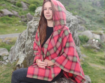 Irish soft lambswool hooded ruana, wrap, arisaid - pink/green/purple plaid check, tartan - 100% Pure New Wool - HANDMADE IN IRELAND