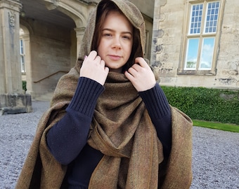 Irish Donegal Tweed Wool Hooded Cape, Ruana, Wrap, Cloak - Bronze/Brown Herringbone With Overcheck - 100% Pure New Wool -HANDMADE IN IRELAND