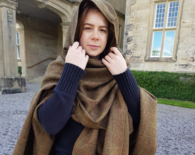 Irish Donegal Tweed Wool Hooded Cape, Ruana, Wrap, Cloak - Bronze/Brown Herringbone With Overcheck - 100% Pure New Wool -HANDMADE IN IRELAND