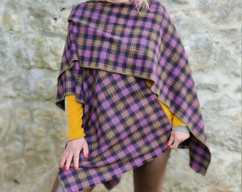 Burette silk/linnen blend ruana wrap - purple/green/navy/yellow tartan - plaid check - woven in Ireland - HANDMADE IN IRELAND