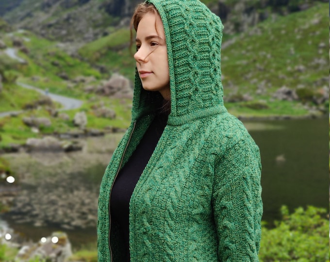 Irish Aran  Hooded Zipper Cardigan  - Celtic Green - 100% Pure New Wool - Really Warm And Chunky - Proper Aran - MADE IN IRELAND