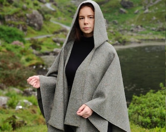 Irish Donegal Tweed Wool Hooded Ruana, Cape , Cloak,  Wrap  - Speckled /With Fleck Grey/Green - HEAVY TWEED - Handmade in Ireland