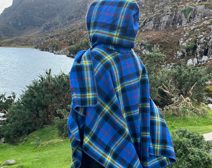 Hooded Supersoft Lambswool Cape, Ruana Wrap , Cloak - 100% Pure New Wool - Blue Navy Lime Green Red Tartan Plaid Check - HANDMADE IN IRELAND