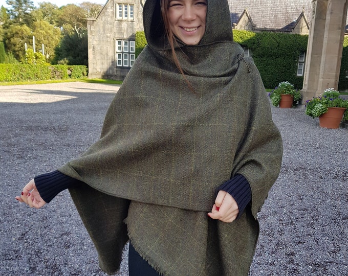Irish Donegal Tweed Wool Hooded Ruana, Wrap, Cape ,Arisaid - Green With Yellow Check - Unisex - 100% Pure New Wool - HANDMADE IN IRELAND