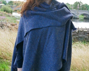 Irish Donegal Tweed Wool Ruana, Wrap, Cape - Speckled Navy/Denim Herringbone - 100% Pure New Wool - Unisex - HANDMADE IN IRELAND