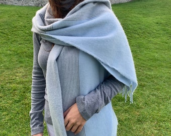 Luxurious Supersoft Baby Blue Grey Glencheck Merino Wool Wrap - HANDCRAFTED IN IRELAND