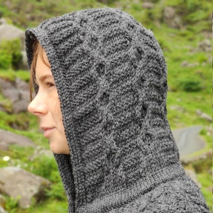 Irish Aran Long Hooded Cardigan With Pockets Charcoal 100% Pure New Wool / Pure Soft Merino Wool Really Warm & Chunky MADE IN IRELAND image 2