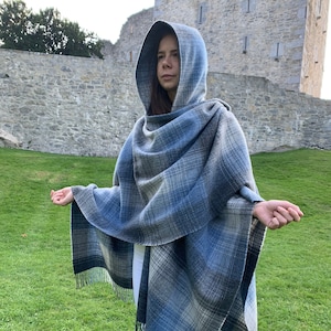 Hooded Irish Pure Lambswool Cape, Ruana, Wrap , Shawl - 100% Pure New Wool - Grey Denim Check - Supersoft - HANDMADE IN IRELAND