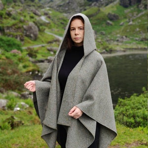 Irish Donegal Tweed Wool Hooded Ruana, Cape , Cloak,  Wrap  - Speckled /With Fleck Grey/Green - HEAVY TWEED - Handmade in Ireland