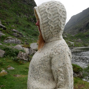 Hooded Aran Zipper Cardigan - Cream Nep / With Fleck - 100% Pure New Wool - Chunky & Heavy - MADE IN IRELAND