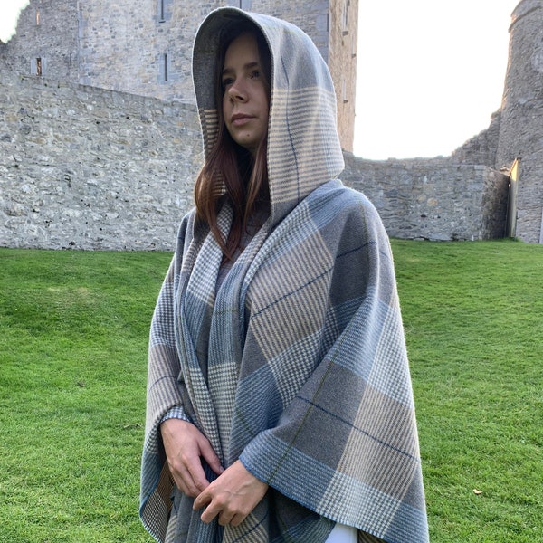 Hooded Supersoft Lambswool Cape, Ruana, Wrap , Shawl - 100% Pure New Wool - Cream Taupe Denim Check -One Size Fits All - HANDMADE IN IRELAND