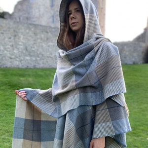 Hooded Supersoft Lambswool Cape, Ruana, Wrap , Shawl 100% Pure New Wool Cream Taupe Denim Check One Size Fits All HANDMADE IN IRELAND image 7