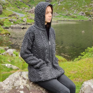 Irish Aran Long Hooded Cardigan With Pockets Charcoal 100% Pure New Wool / Pure Soft Merino Wool Really Warm & Chunky MADE IN IRELAND image 3