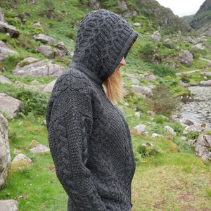 Hooded Aran Zipper Cardigan - Charcoal - 100% Pure New Wool - Chunky & Heavy - MADE IN IRELAND