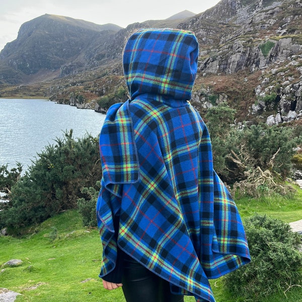 Hooded Supersoft Lambswool Cape, Ruana Wrap , Cloak - 100% Pure New Wool - Blue Navy Lime Green Red Tartan Plaid Check - HANDMADE IN IRELAND