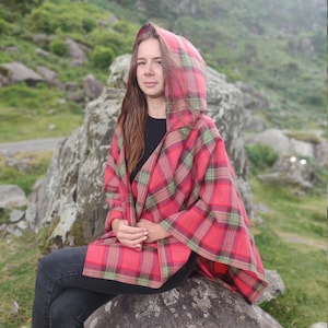 Irish soft lambswool hooded ruana, wrap, arisaid - pink/green/purple plaid check, tartan - 100% Pure New Wool - HANDMADE IN IRELAND