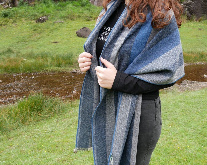 Irish Tweed Wool Shawl, Blue & Grey Striped Wrap, Oversized Scarf with Pin, Handmade in Ireland