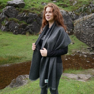 Irish tweed shawl, oversized scarf, stole - grey & black herringbone - 100% wool - hand fringed - ready for shipping - HANDMADE IN IRELAND