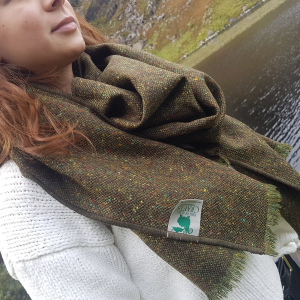 Irish Donegal tweed shawl, oversized scarf, stole - speckled green with fleck - 100% Pure New Wool - hand fringed - HANDMADE IN IRELAND