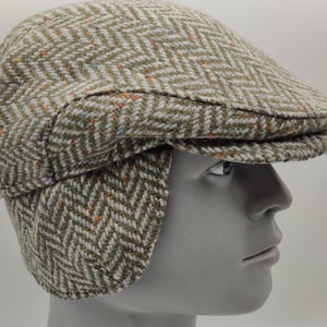 Traditional Irish Donegal Tweed Flat Cap -Speckled/Fleck Green Herringbone- 100% Wool -Padded - With Foldable Ear Flaps -HANDMADE IN IRELAND