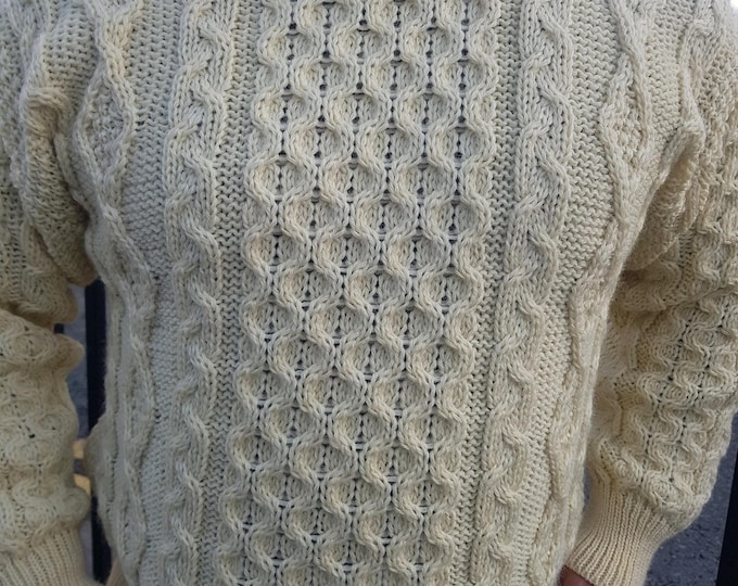Irish Aran Sweater, Cream Pure New Wool Fisherman Jumper, Made in Ireland