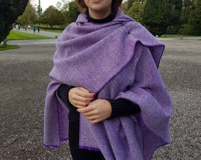 Irish Donegal Tweed Wool Hooded Cape, Cloak , Robe, Ruana, Wrap, Arisaid - Speckled / Fleck Purple & White Herringbone - HANDMADE IN IRELAND