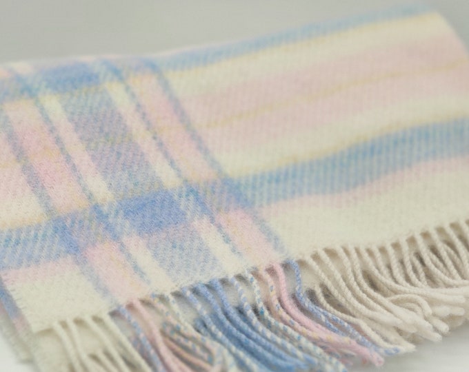 Baby blanket - 100% pure new wool - cream white/ baby blue / baby pink tartan - plaid check - 28" x 39" (70cm x 100cm) -  MADE IN IRELAND