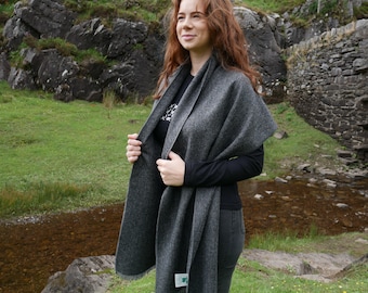 Irish tweed shawl, oversized scarf, stole - grey & black herringbone - 100% wool - hand fringed - ready for shipping - HANDMADE IN IRELAND